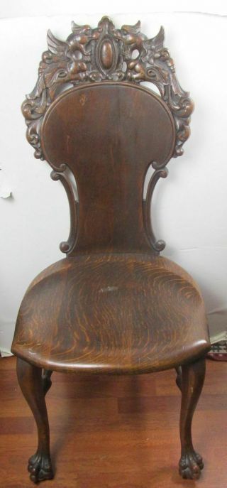Antique Highly Carved Quartersawn Oak Chair Carved Griffins On Back