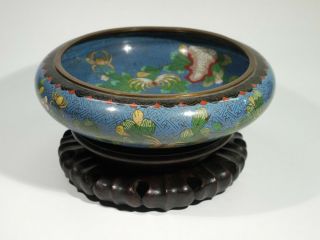 Antique Signed Chinese Cloisonne Bowl On Carved Hardwood Stand.