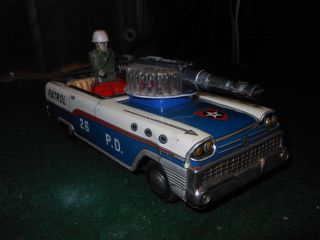 VINTAGE TN NOMURA POLICE PATROL Japan Tin Toy Car 50s 1960 Space Litho 12