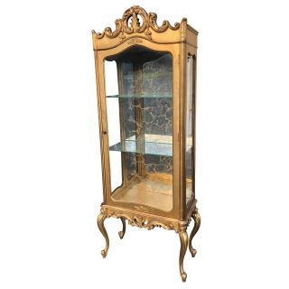 Antique French Provincial Rococo Carved Gold Glass Curio Cabinet