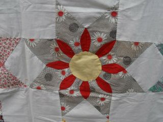 Antique Feedsack Fabric Quilt Top To Complete 8 Point Star Dahlia Flower 66x84