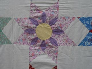 Antique Feedsack Fabric Quilt Top To Complete 8 Point Star Dahlia Flower 66X84 4