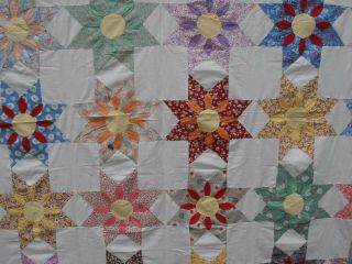 Antique Feedsack Fabric Quilt Top To Complete 8 Point Star Dahlia Flower 66X84 5