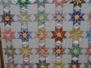 Antique Feedsack Fabric Quilt Top To Complete 8 Point Star Dahlia Flower 66X84 6