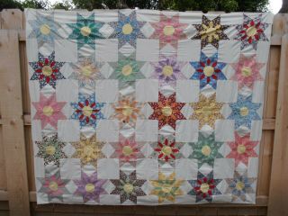 Antique Feedsack Fabric Quilt Top To Complete 8 Point Star Dahlia Flower 66X84 7