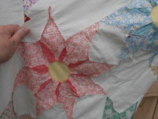 Antique Feedsack Fabric Quilt Top To Complete 8 Point Star Dahlia Flower 66X84 9
