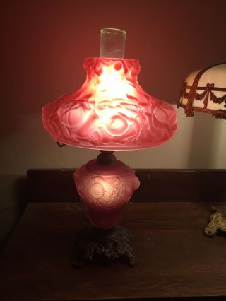 Awesome Antique Fenton Puffy Red Rose Art Glass Table Lamp Upper And Lower Light
