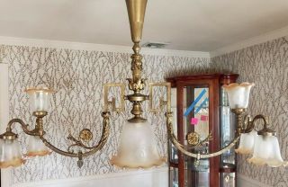 Fancy Antique Brass Gas Chandelier Converted To Electric Light 2 Arms 7 Lights