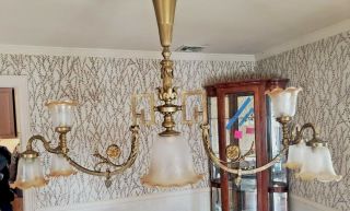 Fancy Antique Brass Gas Chandelier Converted to Electric Light 2 arms 7 lights 2