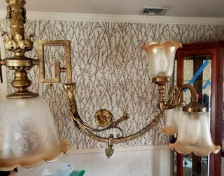 Fancy Antique Brass Gas Chandelier Converted to Electric Light 2 arms 7 lights 3