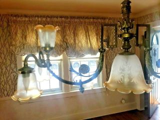 Fancy Antique Brass Gas Chandelier Converted to Electric Light 2 arms 7 lights 4