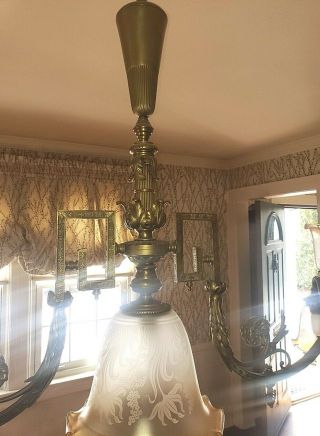 Fancy Antique Brass Gas Chandelier Converted to Electric Light 2 arms 7 lights 5