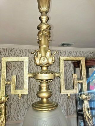 Fancy Antique Brass Gas Chandelier Converted to Electric Light 2 arms 7 lights 6