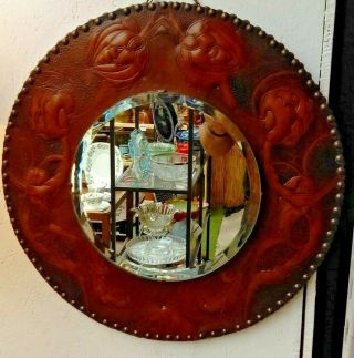 Stunning Arts & Crafts Circular Bevelled Edge Mirror With Leather Surround