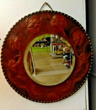Stunning Arts & Crafts Circular Bevelled Edge Mirror with Leather Surround 2