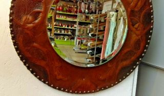 Stunning Arts & Crafts Circular Bevelled Edge Mirror with Leather Surround 4
