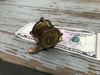Antique Miniature Brass Fishing Rod Reel salesman sample wood handle 3
