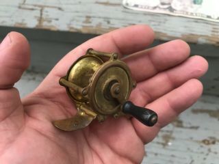 Antique Miniature Brass Fishing Rod Reel salesman sample wood handle 5