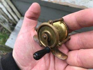 Antique Miniature Brass Fishing Rod Reel salesman sample wood handle 6