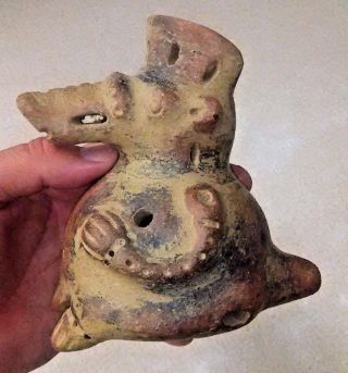 Pre Columbian Ocarina Figure With Mask And Crown