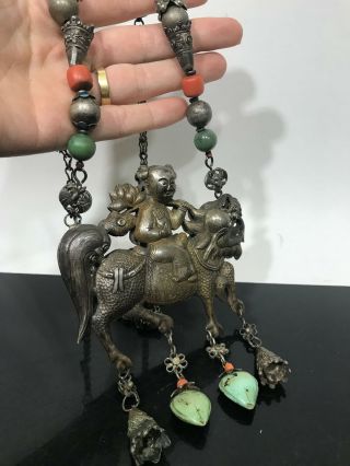 Antique Chinese Silver Coral & Turquoise Kylin Rider Necklace Medallion Pendant