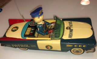 Rare Vintage Tin Litho Friction Power Highway Patrol Car -