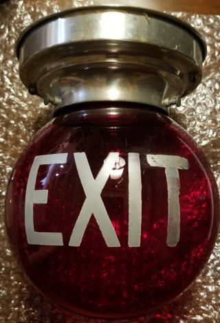 Vintage Ruby Red Glass Globe Exit Sign Art Deco Theater Ceiling Light Fixture
