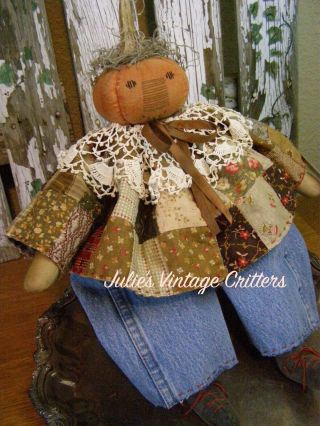Primitive Fall Pumpkin Head Doll,  Antique Quilt,  Photo,  Folk Art Harvest Doll