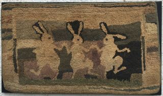 Antique Hooked Rug Of Dancing Rabbits