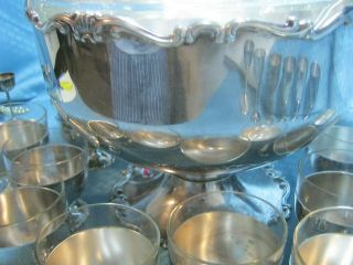 Vintage German Silver Alpacca Punch Bowl Set W/ladle 12 Cups Glass Insert 10