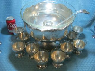 Vintage German Silver Alpacca Punch Bowl Set W/ladle 12 Cups Glass Insert
