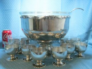 Vintage German Silver Alpacca Punch Bowl Set W/ladle 12 Cups Glass Insert 2