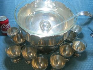 Vintage German Silver Alpacca Punch Bowl Set W/ladle 12 Cups Glass Insert 9