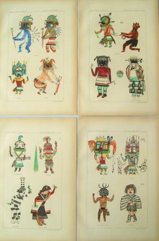 4 Antique American Indian Prints: Hopi Kachina Dolls; American Indian: 1899