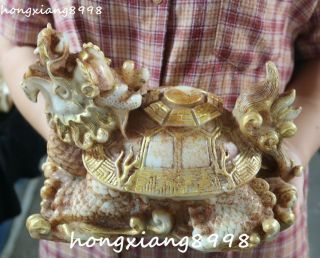 9 " Marked China Old Jade Gilt Dragon Tortoise Turtle Animal Eight Diagrams Statue