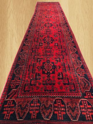 Authentic Hand Knotted Vintage Afghan Khal Muhammadi Wool Area Runner 12.  9 X 2.  5