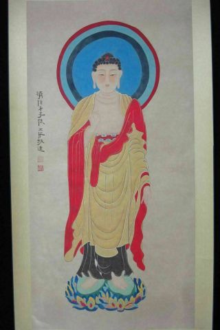 Very Large Chinese Scroll Hand Painting Shakyamuni Buddha " Zhangdaqian " Mark