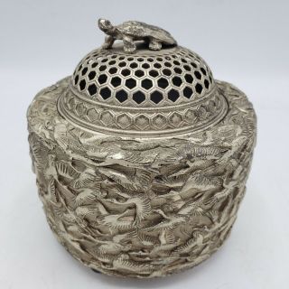 Vintage Chinese Silver Metal Incense Burner With Turtle Finial 5 " Tall