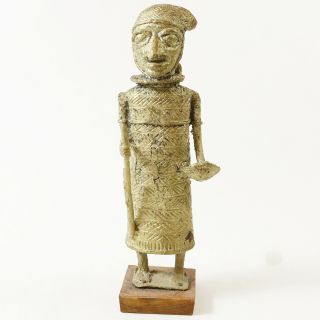 Vtg African Tribal Brass Folk Art Figure Ashanti Benin - 11 " Tall,  Wood Base