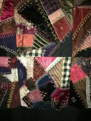 Victorian C1880 Hand Embroidered Crazy Quilt Family Fine Fabrics EX Con 10