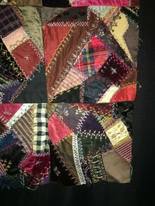 Victorian C1880 Hand Embroidered Crazy Quilt Family Fine Fabrics EX Con 11