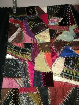 Victorian C1880 Hand Embroidered Crazy Quilt Family Fine Fabrics EX Con 2