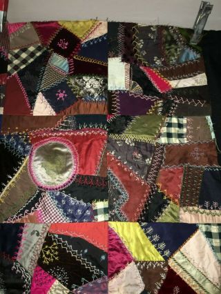 Victorian C1880 Hand Embroidered Crazy Quilt Family Fine Fabrics EX Con 4