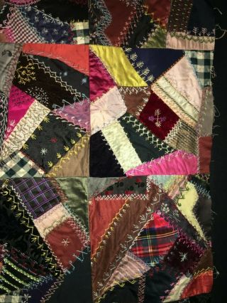 Victorian C1880 Hand Embroidered Crazy Quilt Family Fine Fabrics EX Con 5