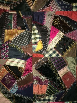 Victorian C1880 Hand Embroidered Crazy Quilt Family Fine Fabrics EX Con 6