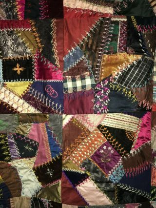 Victorian C1880 Hand Embroidered Crazy Quilt Family Fine Fabrics EX Con 7