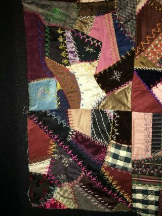 Victorian C1880 Hand Embroidered Crazy Quilt Family Fine Fabrics EX Con 8