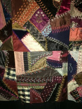 Victorian C1880 Hand Embroidered Crazy Quilt Family Fine Fabrics EX Con 9