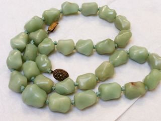 Chinese Vintage Green Jade Bead Necklace,  Silver Clasp,  157 Grams