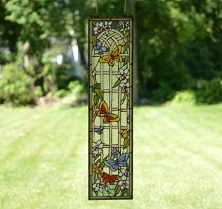 9 " X 36 " Handcrafted Stained Glass Window Panel Butterfly Garden Flower